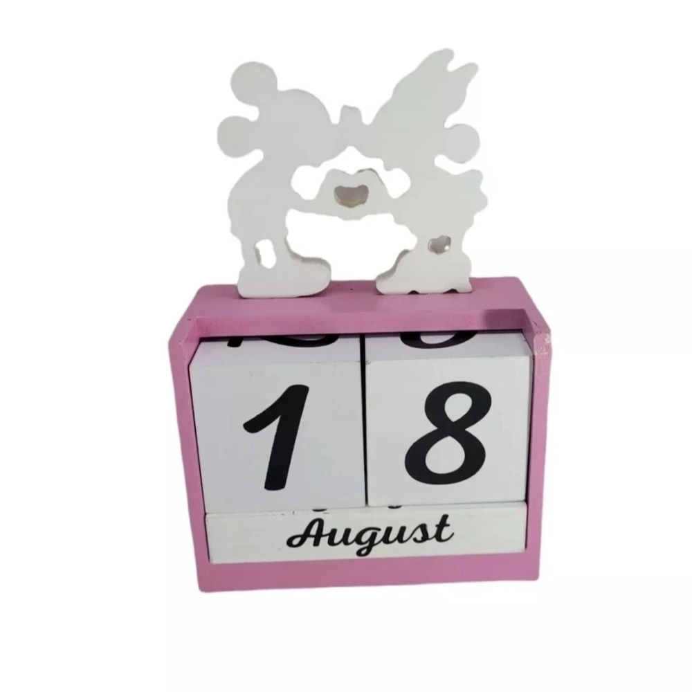 Disney Mickey & Minnie Mouse Wooden Perpetual Block Calendar Pink & White 8" H